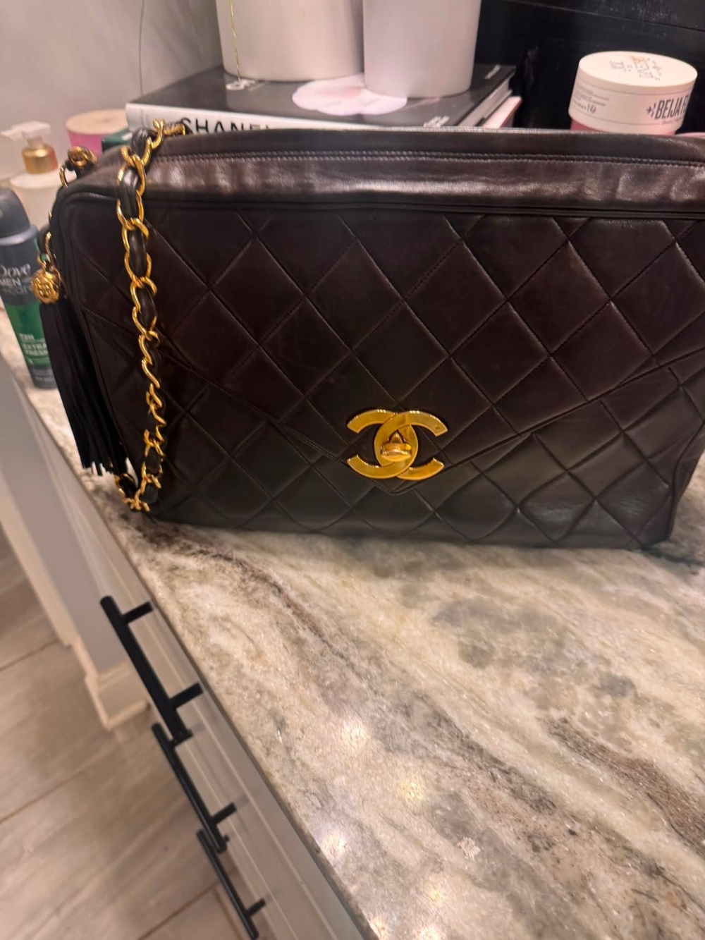 CHANEL Dark Brown Quilted Leather Shoulder Bag with Gold Hardware